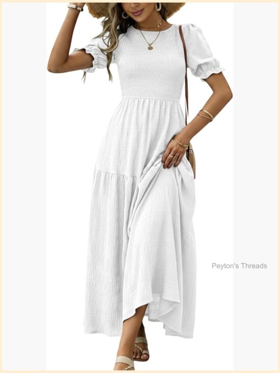 Dresses & Skirts - Short Sleeve Maxi Dress Modest Casual A-Line Tiered Flowy Smocked